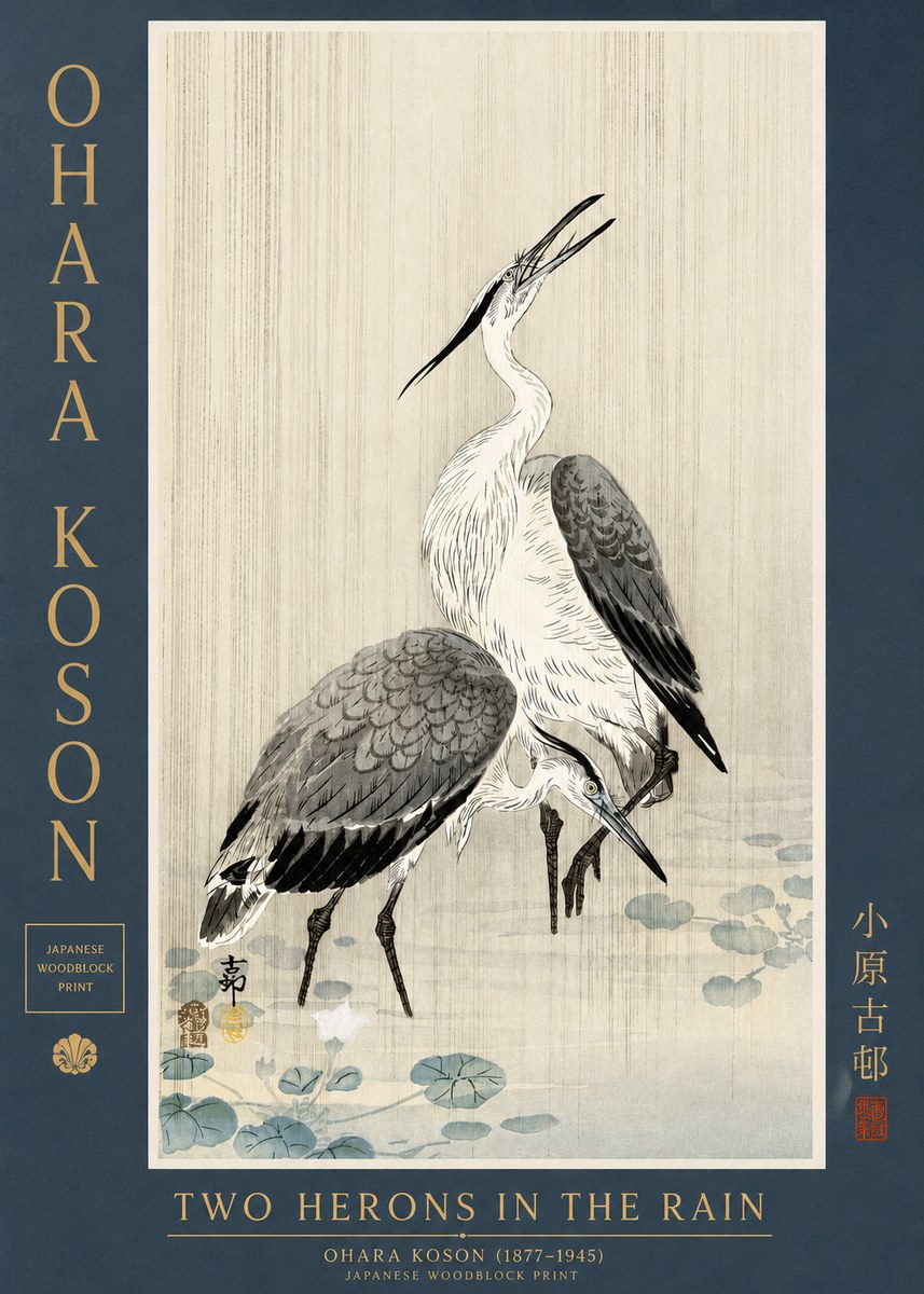 Ohara Koson Two Herons in the Rain No3 - Plakat