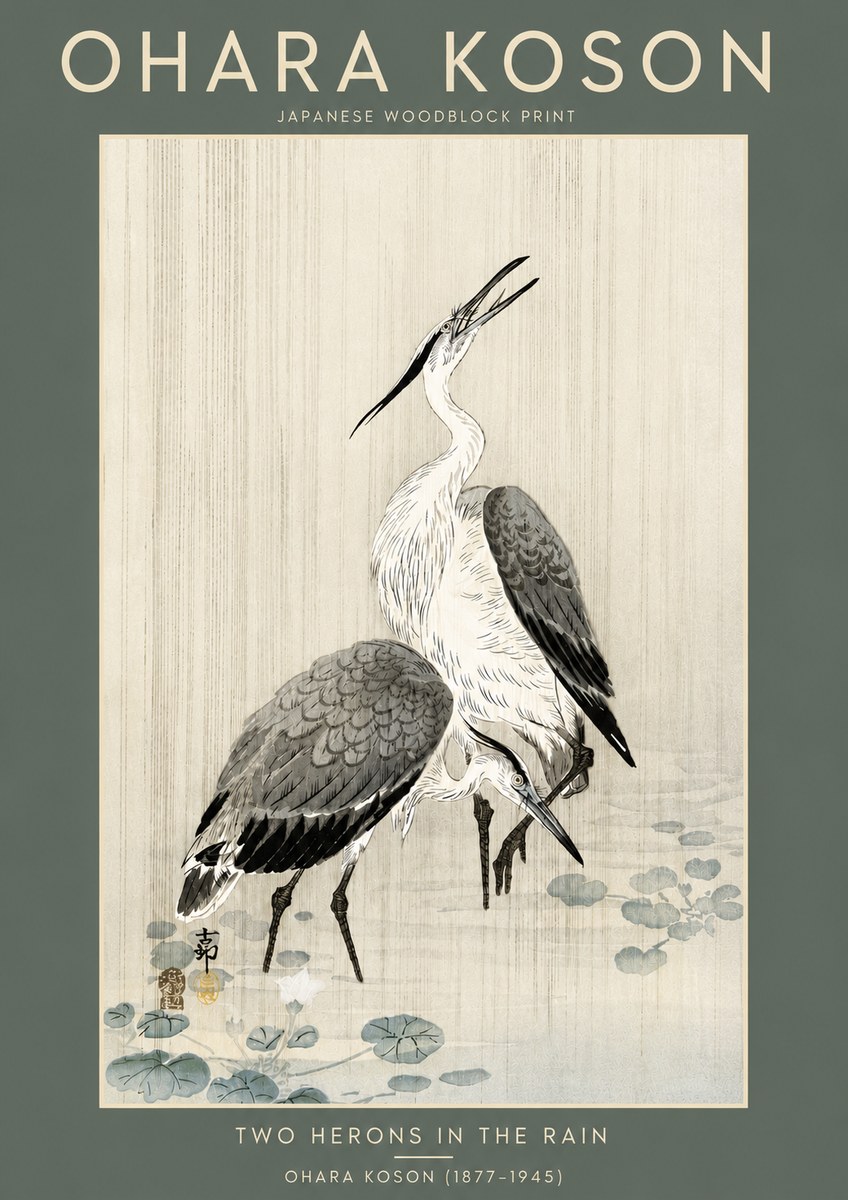 Ohara Koson Two Herons in the Rain No5 - Plakat