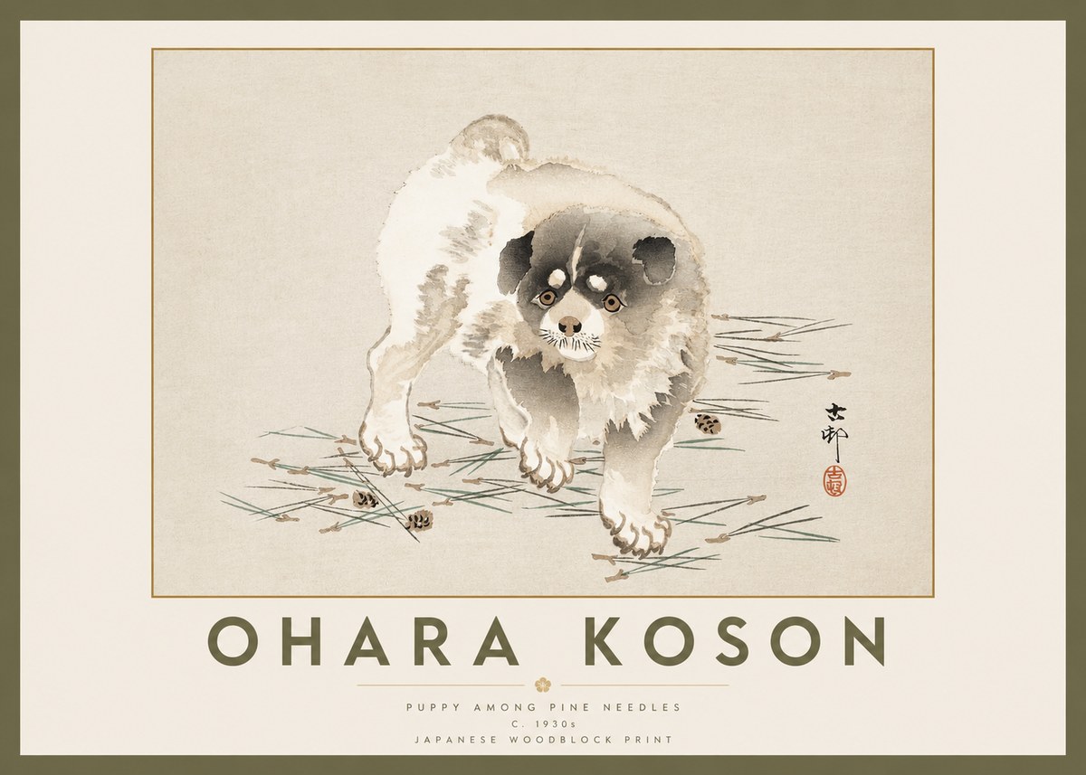 Ohara Koson Puppy Among Pine Needles No2 - Plakat
