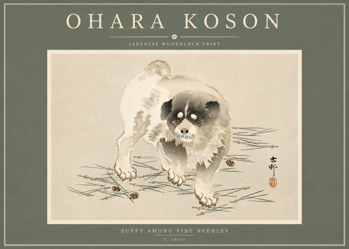 Ohara Koson Puppy Among Pine Needles No4 - Plakat