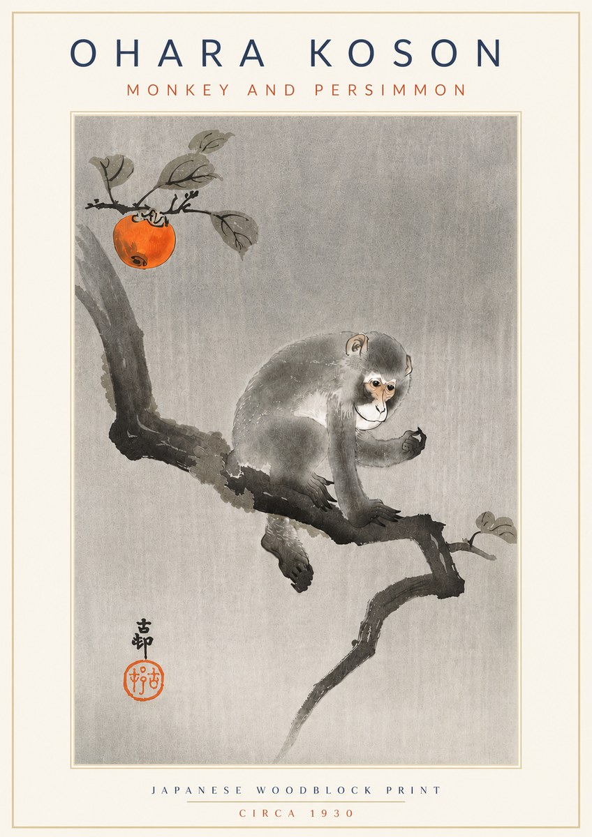 Ohara Koson Monkey and Persimmon No4 - Plakat