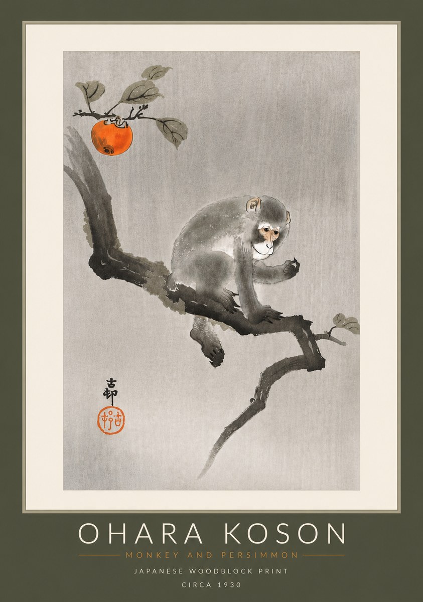 Ohara Koson Monkey and Persimmon No6 - Plakat