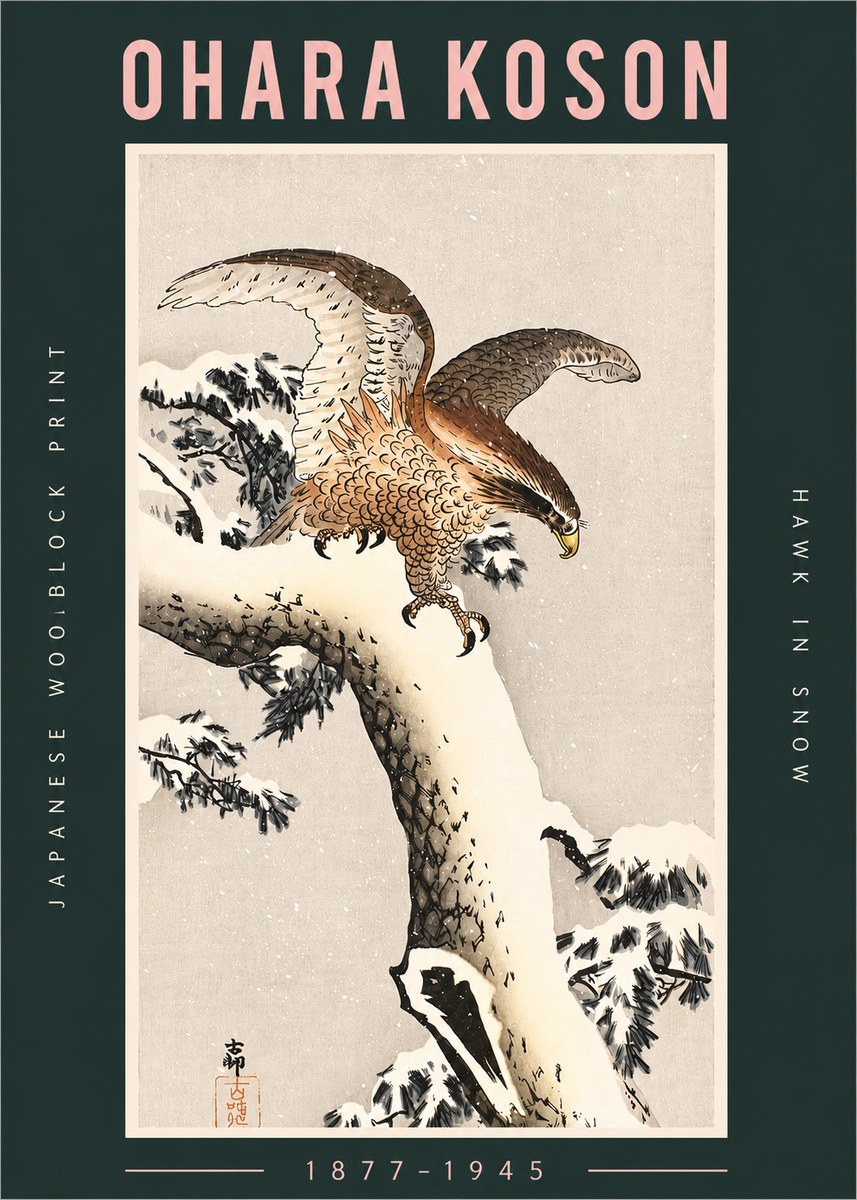 Ohara Koson Hawk in Snow No2 - Plakat