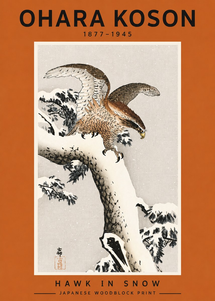 Ohara Koson Hawk in Snow No4 - Plakat
