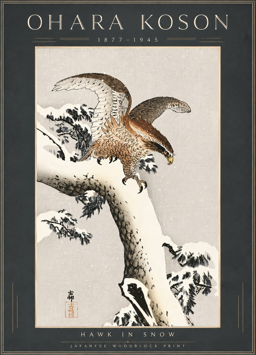 Ohara Koson Hawk in Snow No6 - Plakat