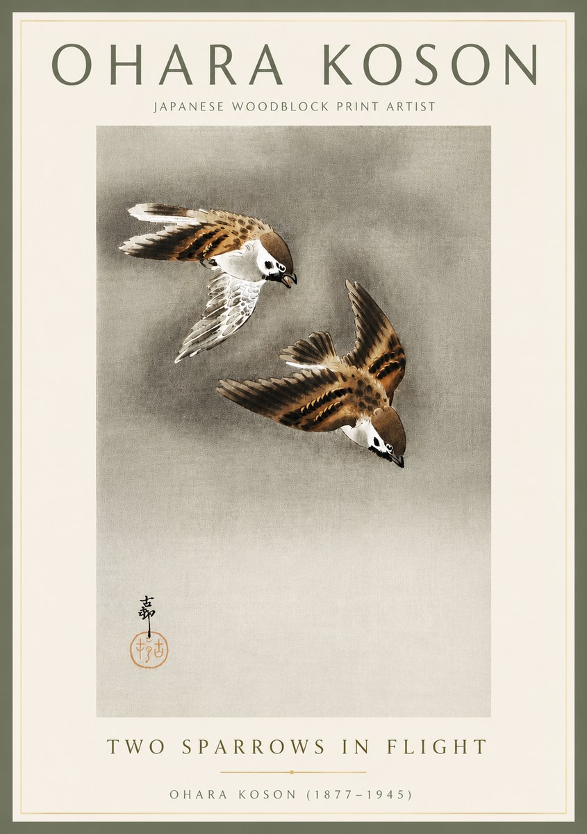 Ohara Koson Two Sparrows in Flight No4 - Plakat
