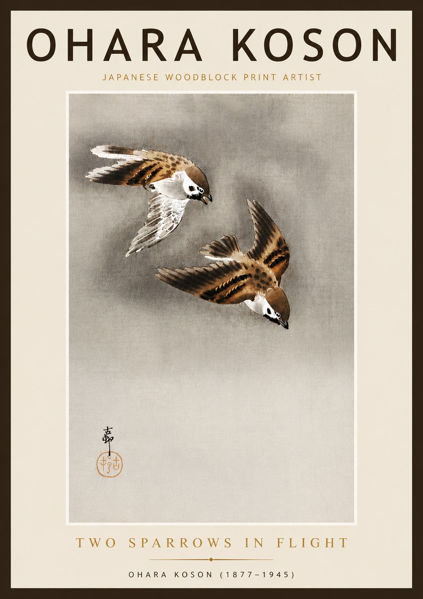 Ohara Koson Two Sparrows in Flight No6 - Plakat