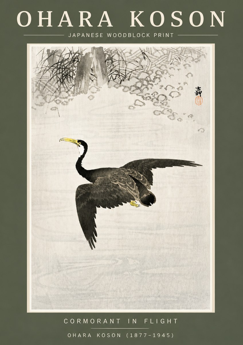 Ohara Koson Cormorant in Flight No4 - Plakat