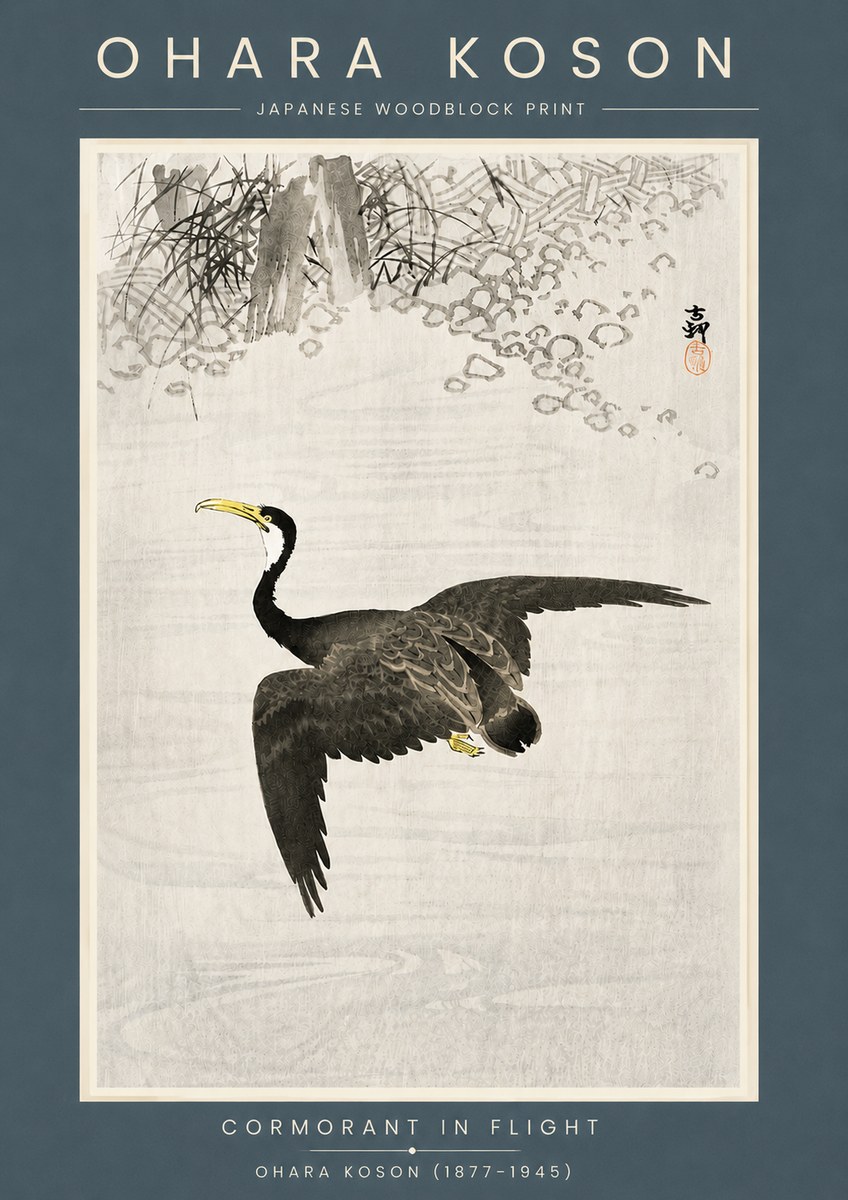 Ohara Koson Cormorant in Flight No6 - Plakat