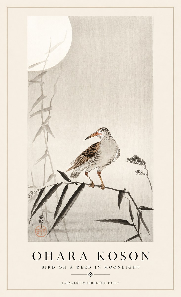 Ohara Koson Bird on a Reed in Moonlight No1 - Plakat