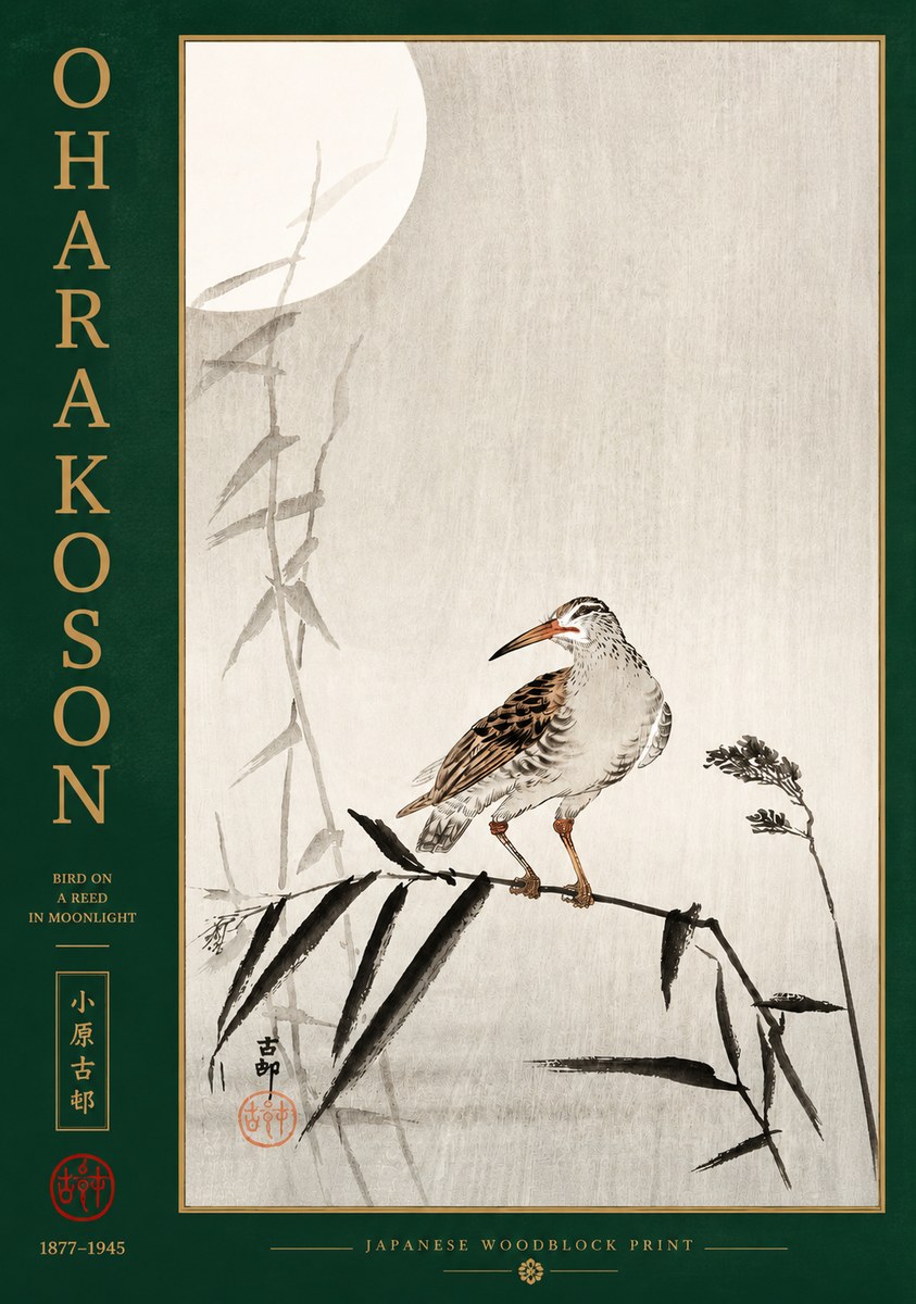 Ohara Koson Bird on a Reed in Moonlight No2 - Plakat