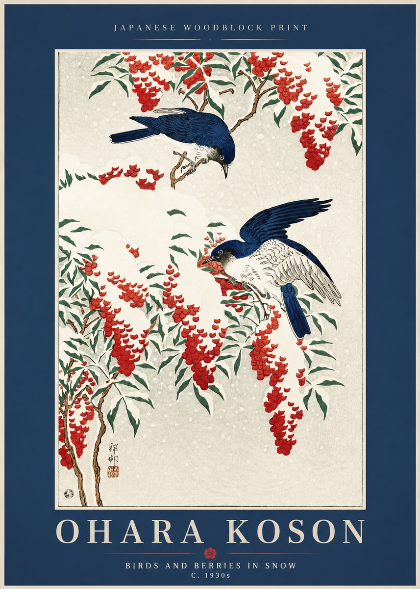 Ohara Koson Birds and Berries in Snow No2 - Plakat