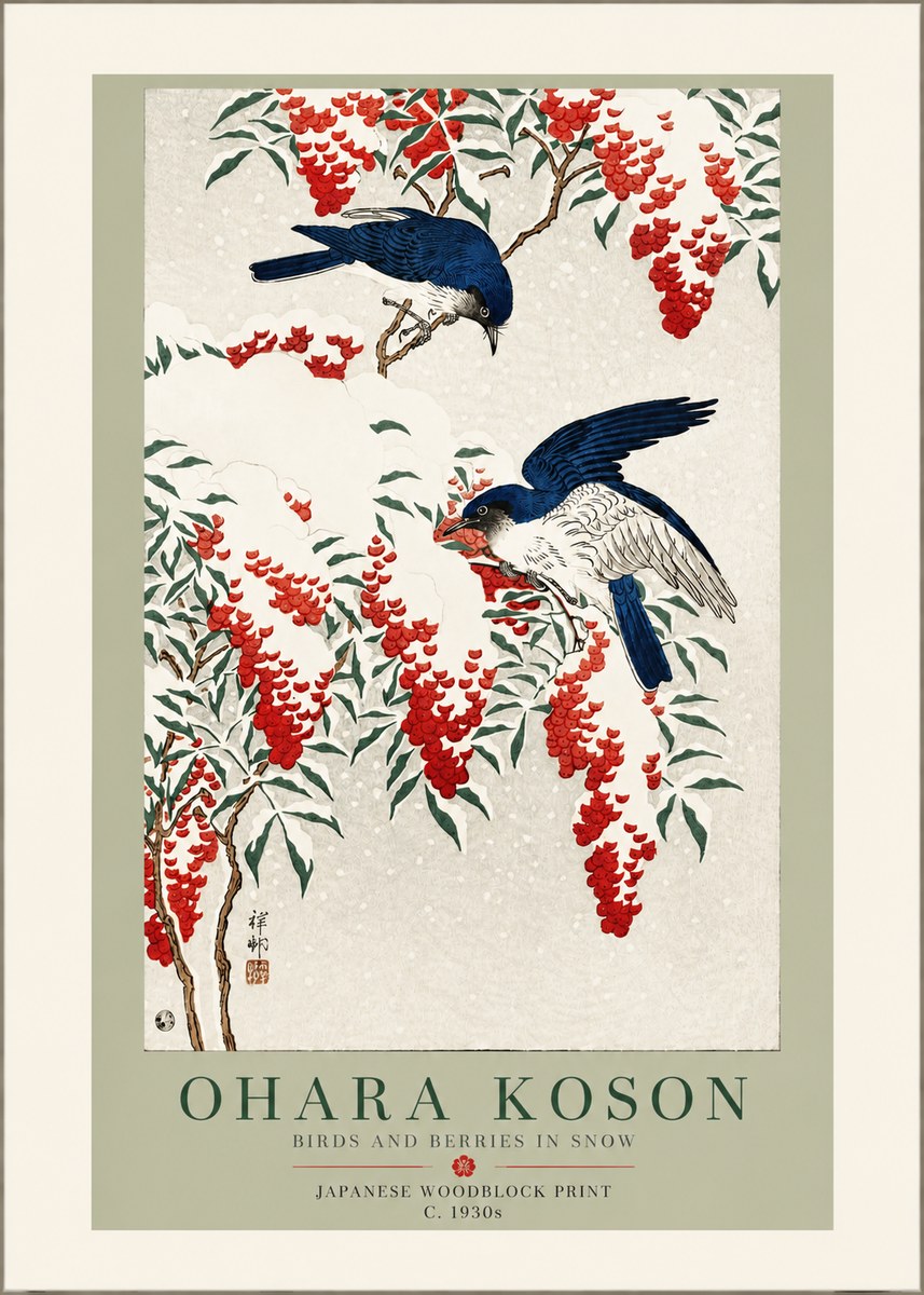 Ohara Koson Birds and Berries in Snow No3 - Plakat