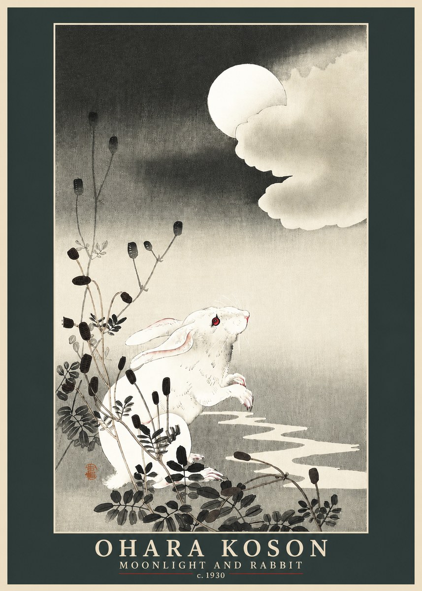 Ohara Koson Moonlight and Rabbit No3 - Plakat