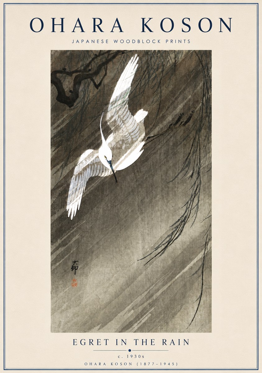 Ohara Koson Egret in the Rain II No3 - Plakat