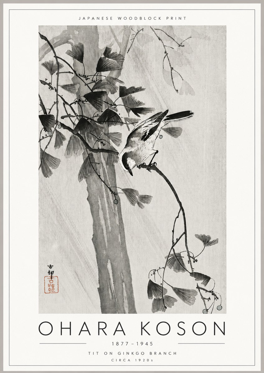Ohara Koson Tit on Ginkgo Branch No6 - Plakat