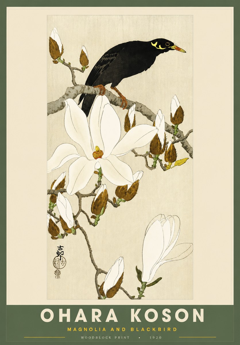 Ohara Koson Magnolia and Blackbird No2 - Plakat