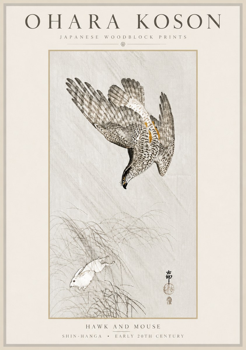 Ohara Koson Hawk and Mouse No6 - Plakat