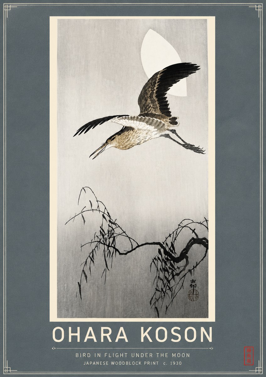 Ohara Koson Bird in Flight Under the Moon No4 - Plakat