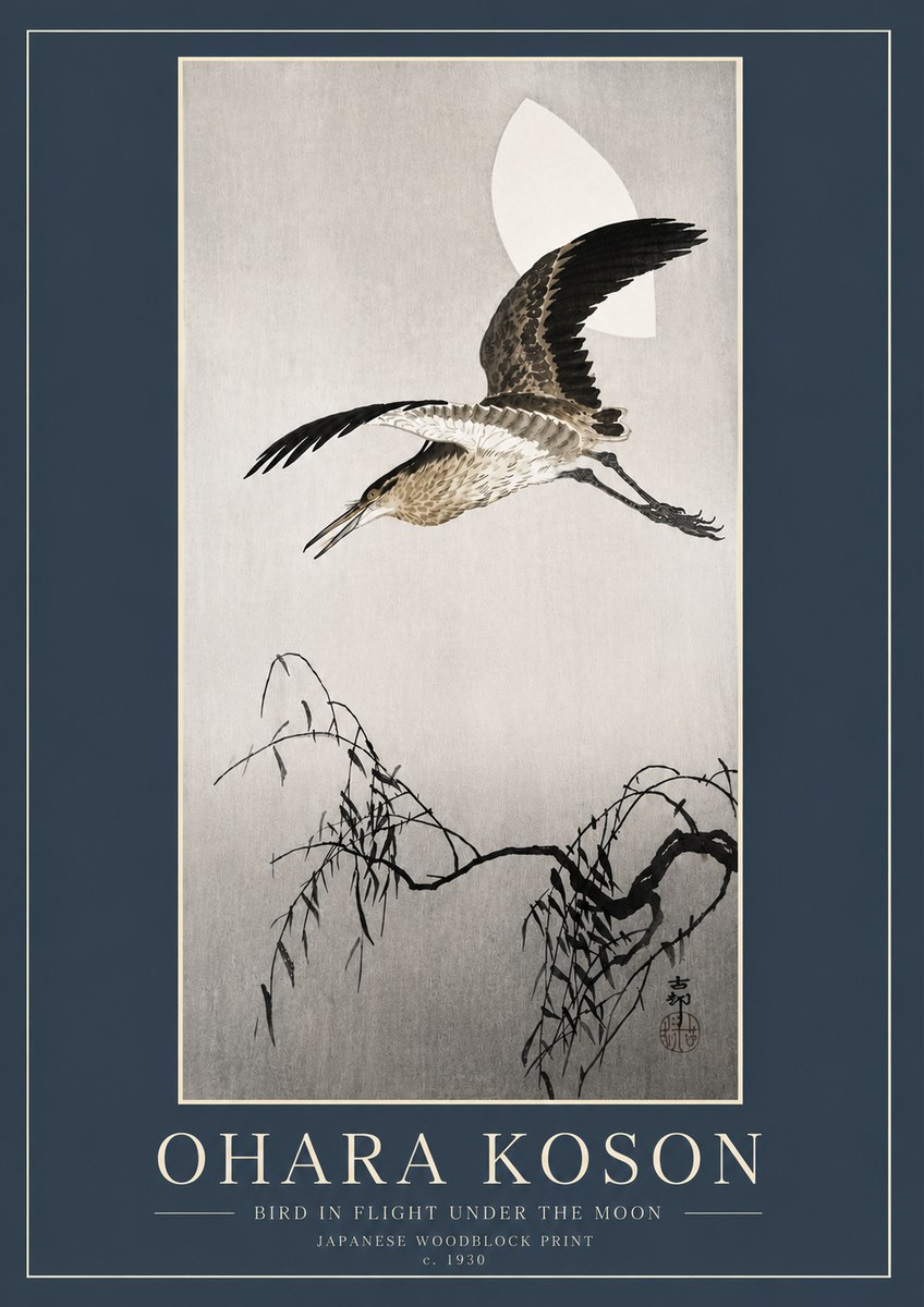 Ohara Koson Bird in Flight Under the Moon No6 - Plakat