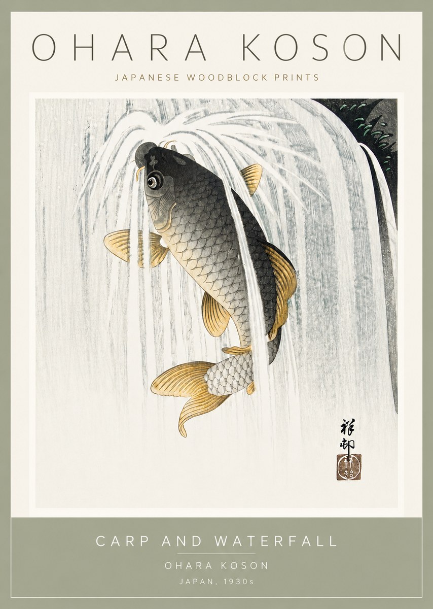 Ohara Koson Carp and Waterfall No2 - Plakat