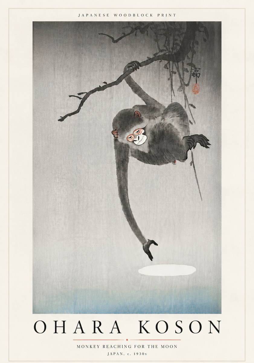 Ohara Koson Monkey Reaching for the Moon No6 - Plakat
