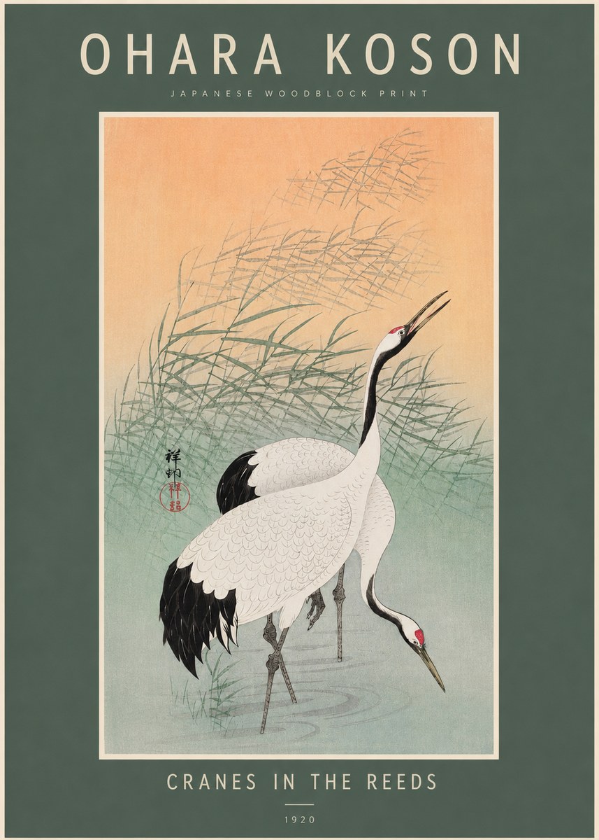 Ohara Koson Cranes in the Reeds No2 - Plakat