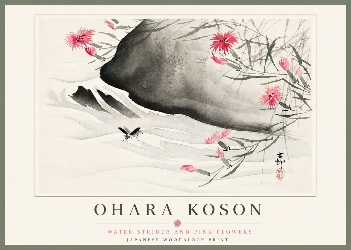 Ohara Koson Water Strider and Pink Flowers No5 - Plakat