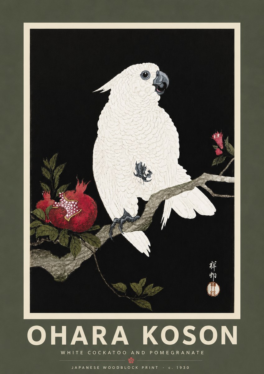 Ohara Koson White Cockatoo and Pomegranate I No5 - Plakat