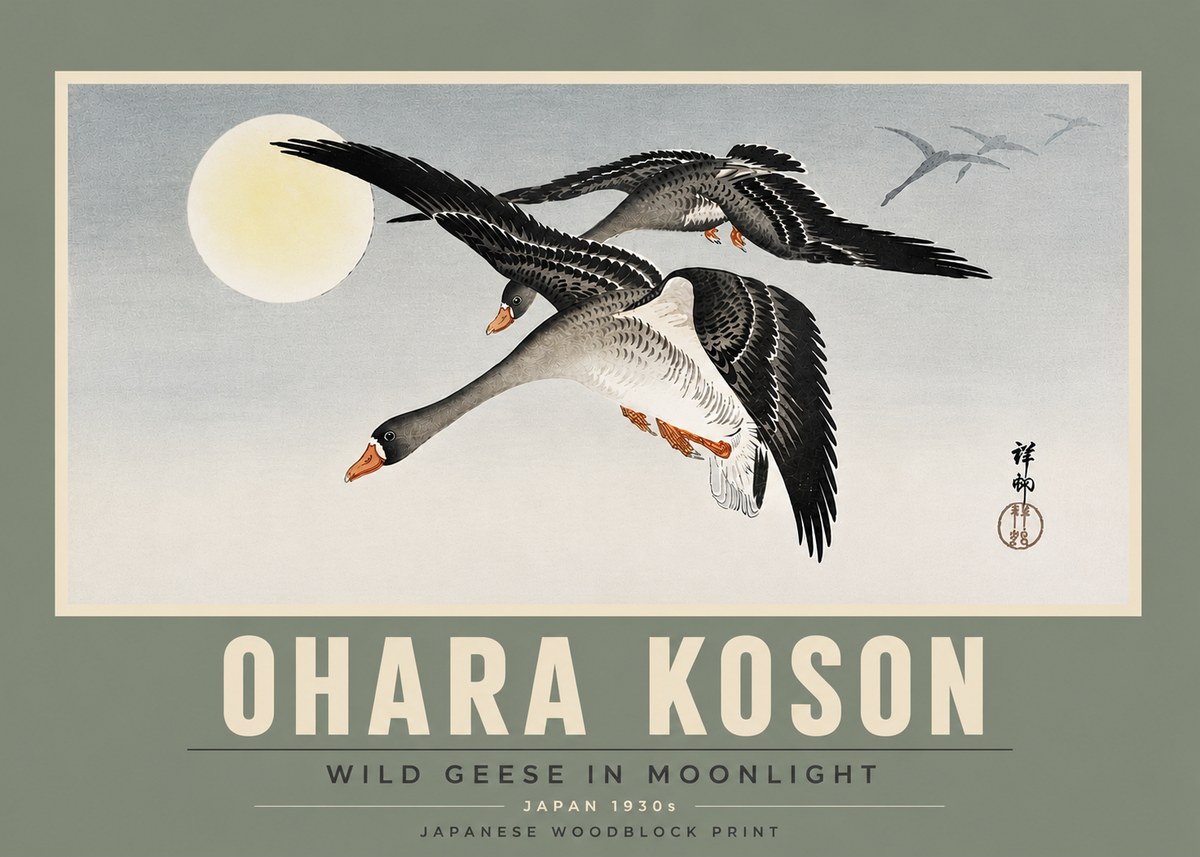 Ohara Koson Wild Geese in Moonlight III No5 - Plakat