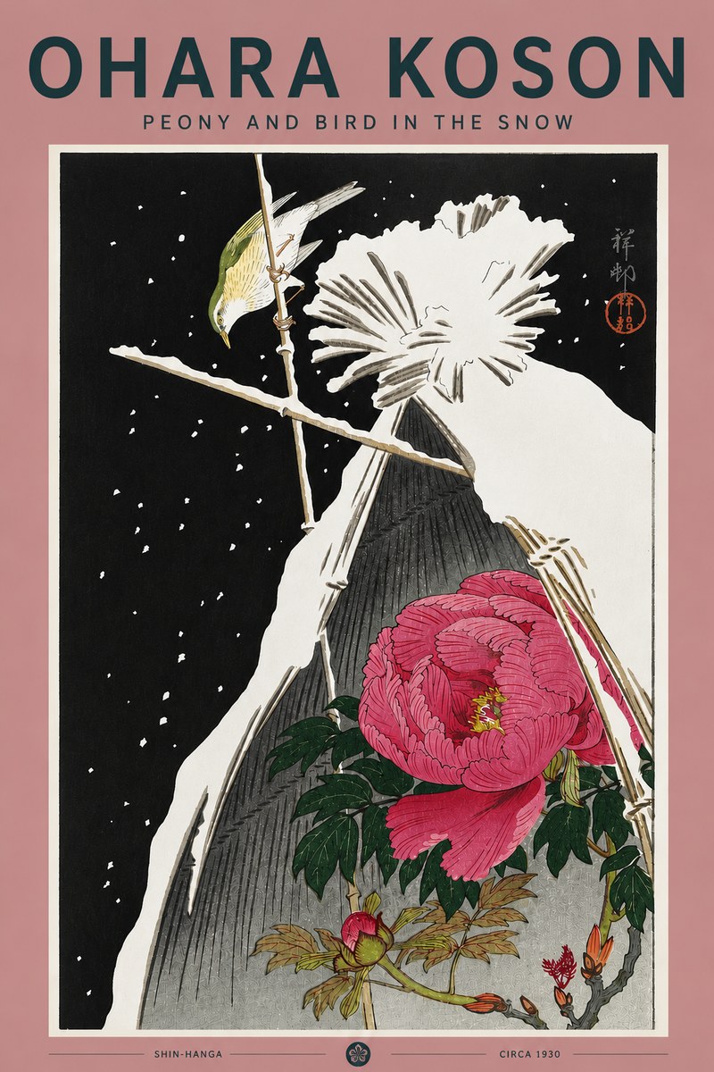 Ohara Koson Peony and Bird in the Snow No5 - Plakat