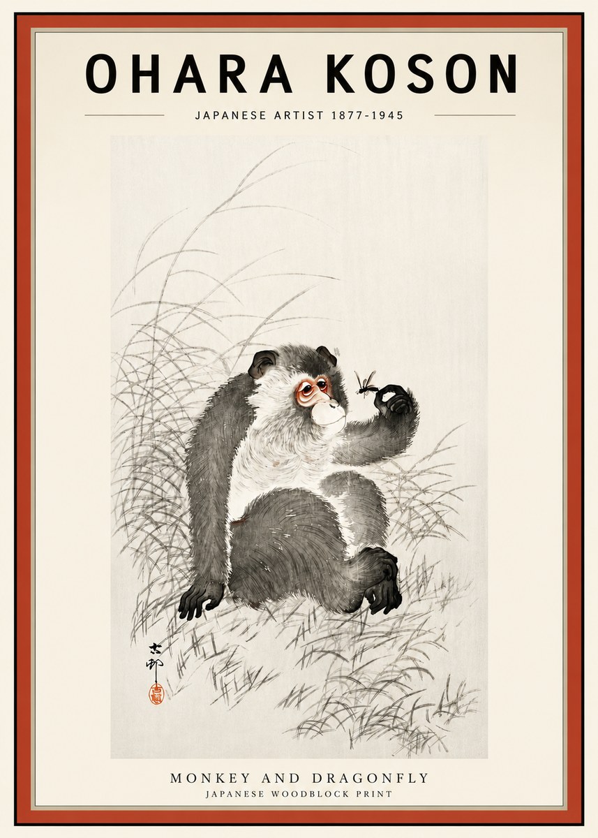 Ohara Koson Monkey and Dragonfly No3 - Plakat