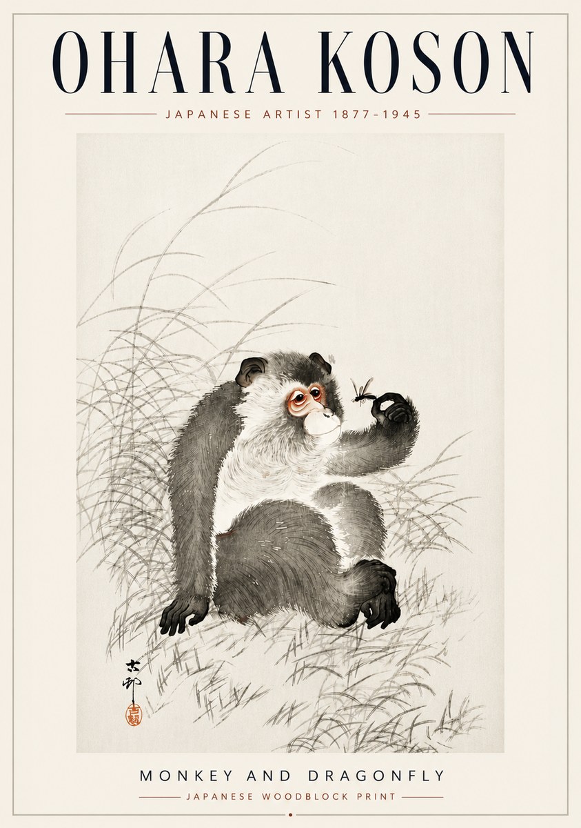 Ohara Koson Monkey and Dragonfly No5 - Plakat