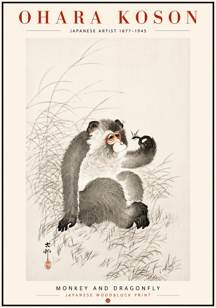 Ohara Koson Monkey and Dragonfly No6 - Plakat