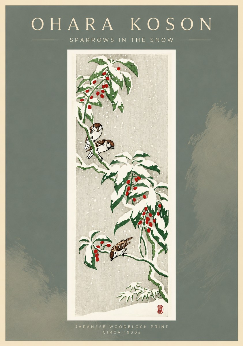 Ohara Koson Sparrows in the Snow No4 - Plakat