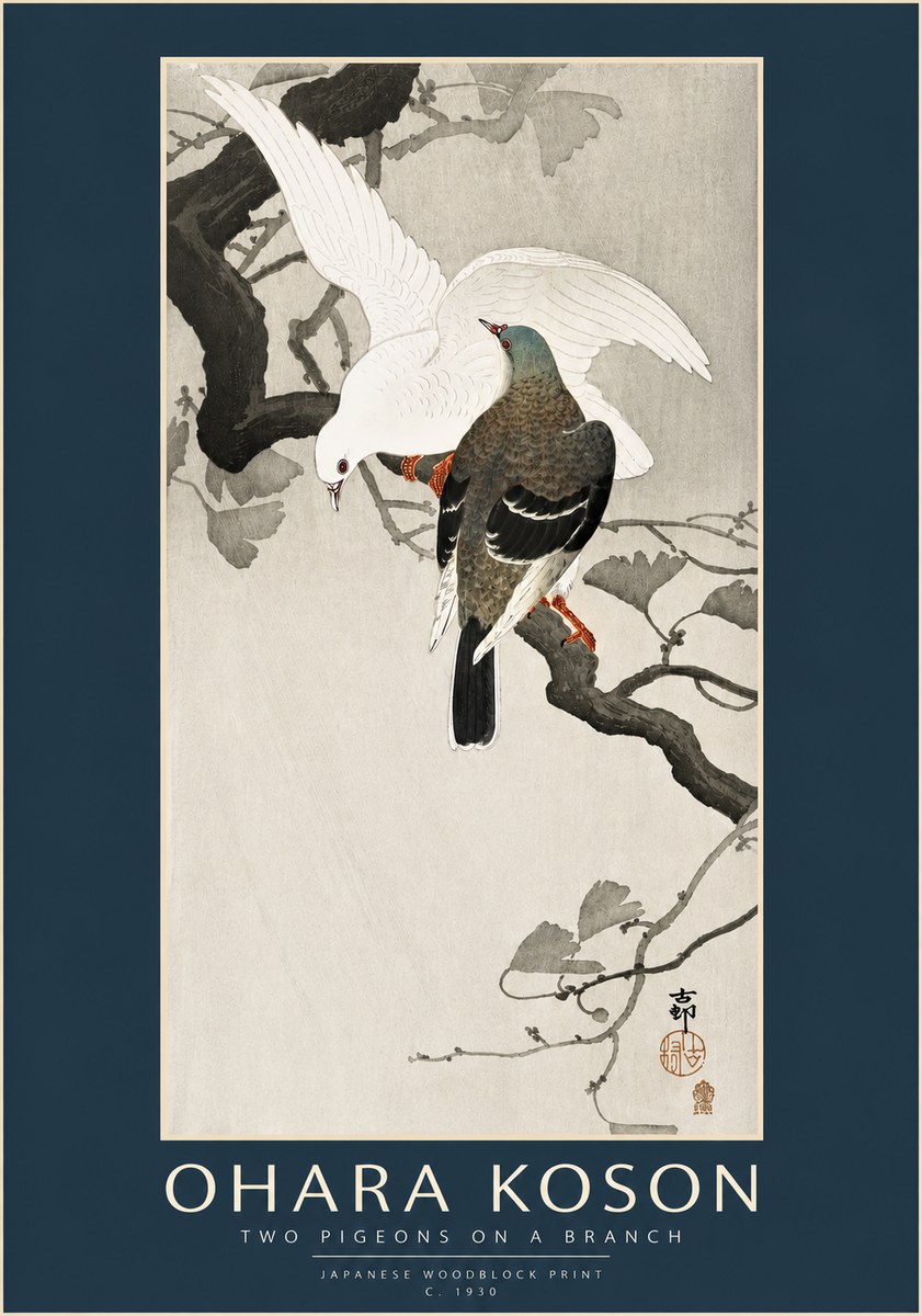 Ohara Koson Two Pigeons on a Branch No3 - Plakat