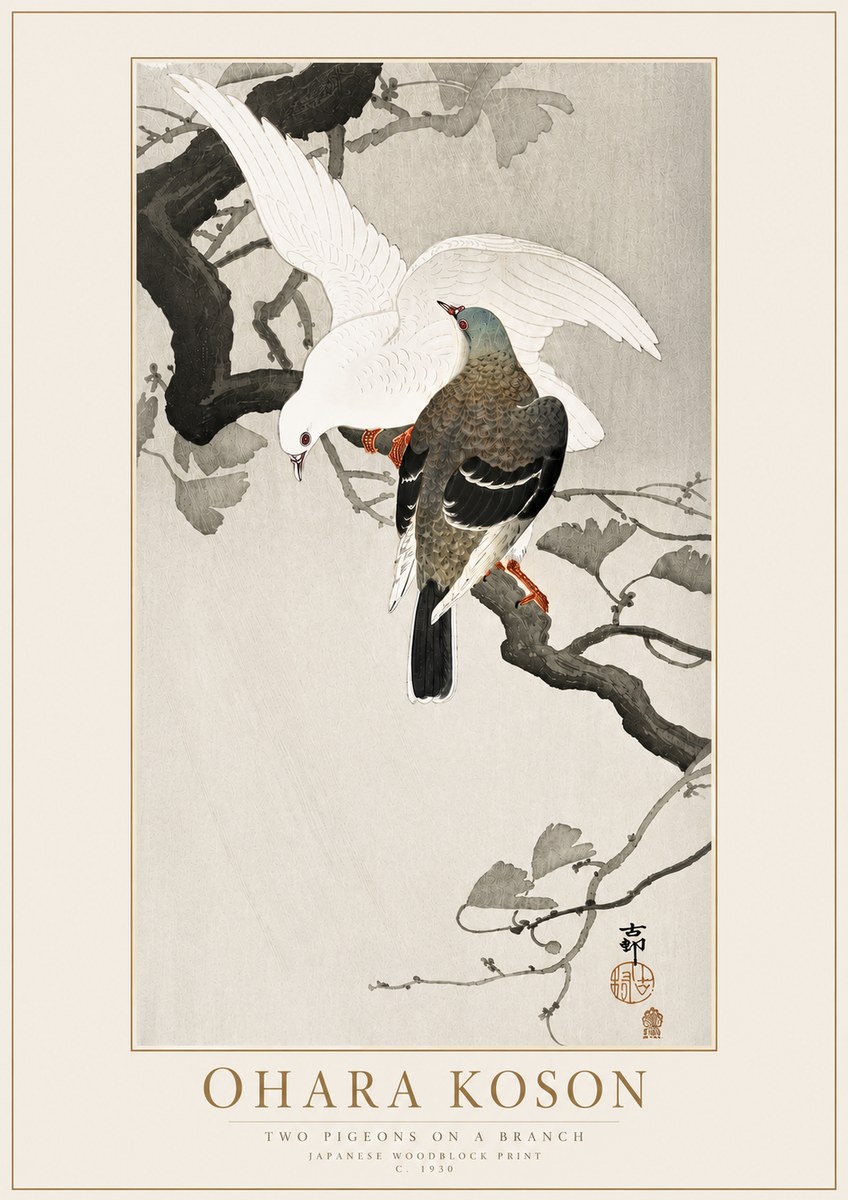 Ohara Koson Two Pigeons on a Branch No4 - Plakat