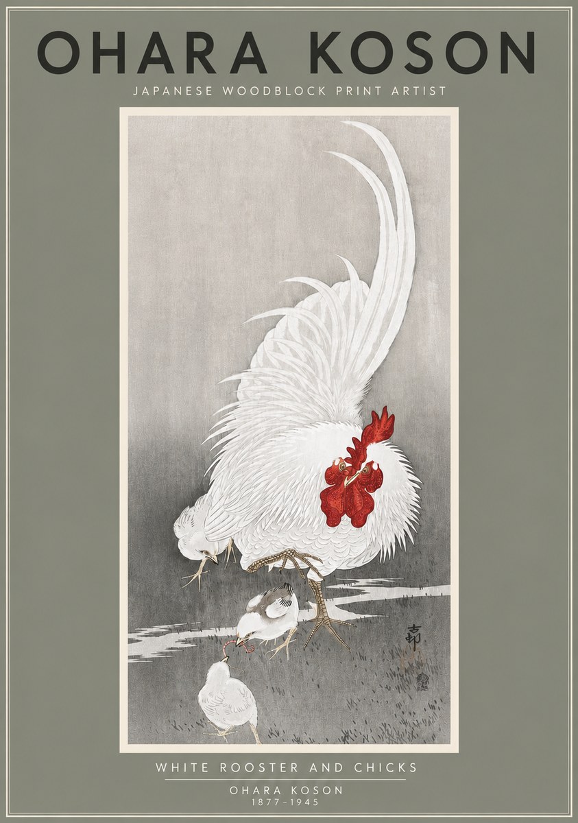 Ohara Koson White Rooster and Chicks No4 - Plakat