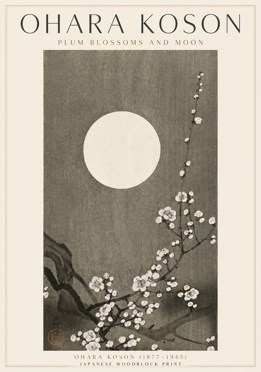 Ohara Koson Plum Blossoms and Moon No4 - Plakat