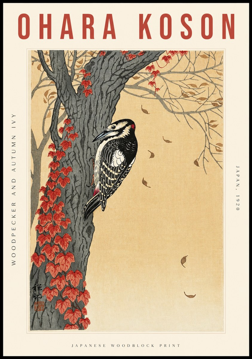 Ohara Koson Woodpecker and Autumn Ivy No2 - Plakat