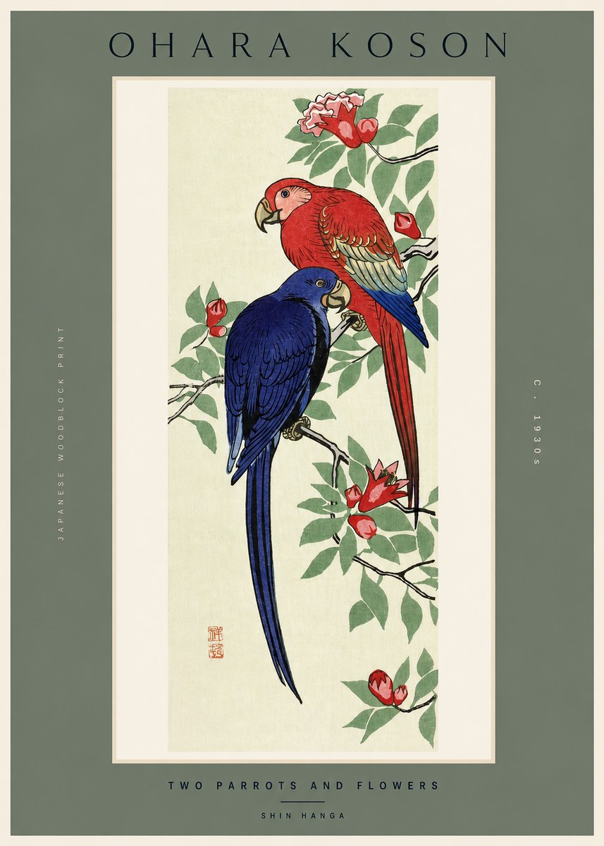 Ohara Koson Two Parrots and Flowers No2 - Plakat