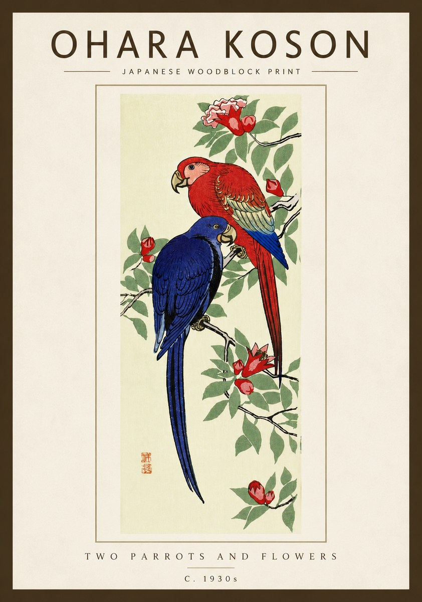Ohara Koson Two Parrots and Flowers No5 - Plakat