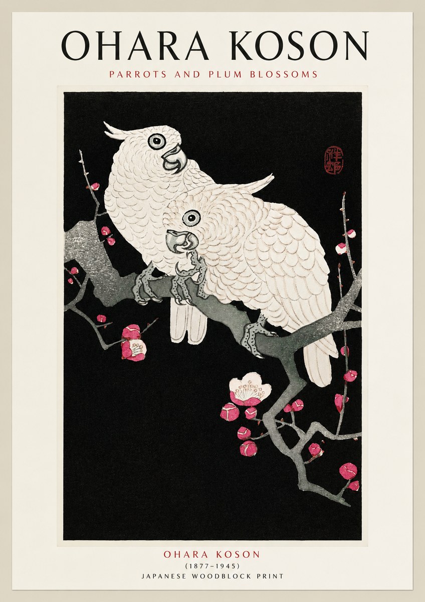 Ohara Koson Parrots and Plum Blossoms No1 - Plakat