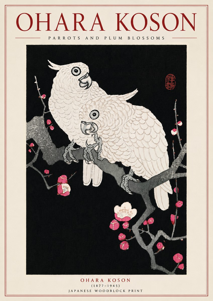 Ohara Koson Parrots and Plum Blossoms No5 - Plakat