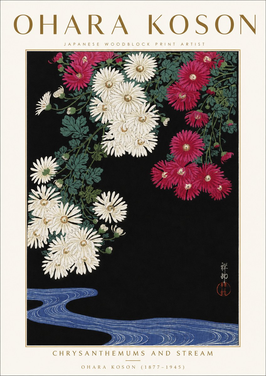 Ohara Koson Chrysanthemums and Stream No3 - Plakat