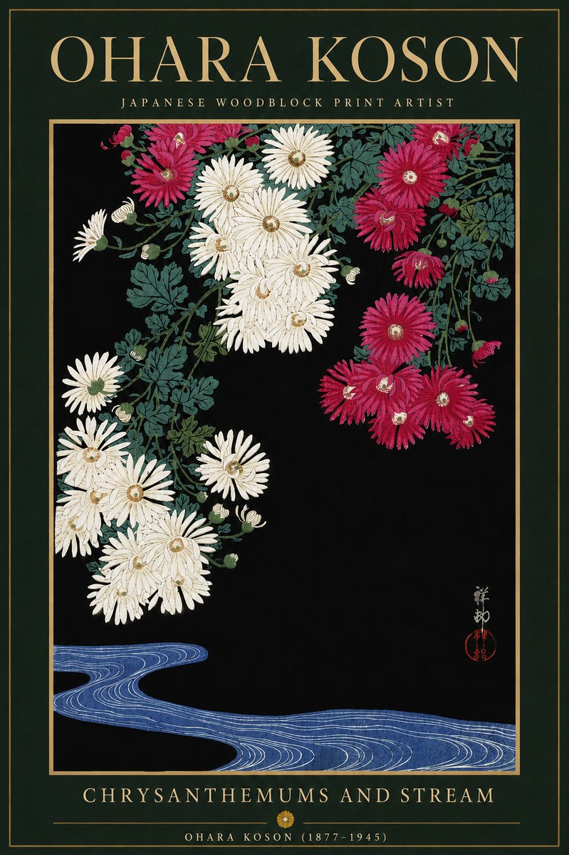 Ohara Koson Chrysanthemums and Stream No6 - Plakat