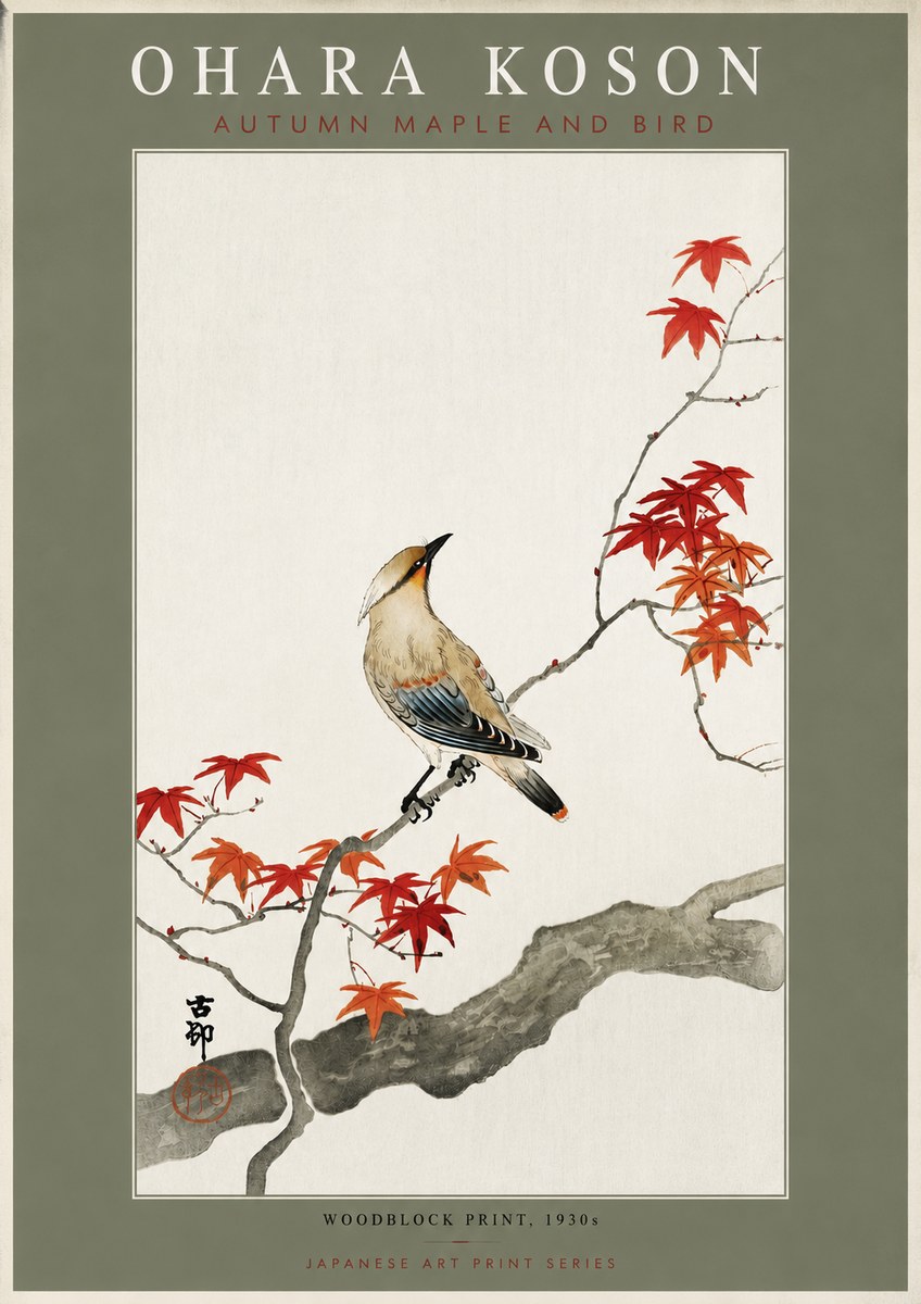 Ohara Koson Autumn Maple and Bird No4 - Plakat