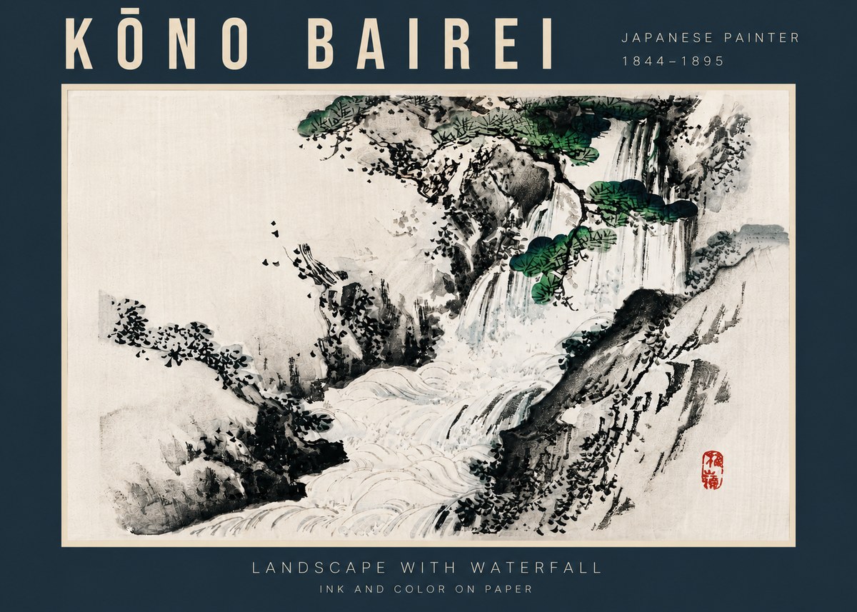 Kōno Bairei Landscape with Waterfall No4 - Plakat