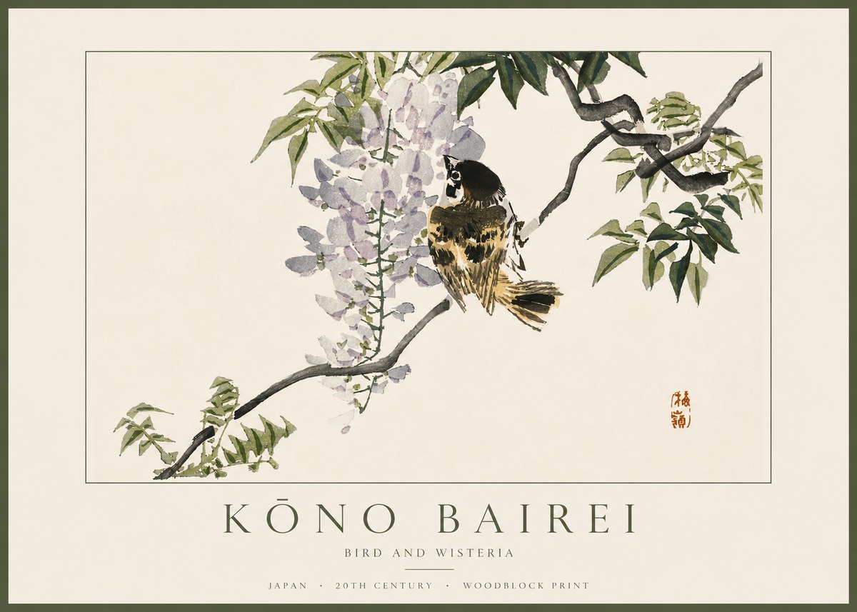 Kōno Bairei Wisteria and Bird No5 - Plakat