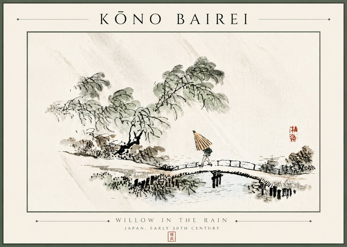 Kōno Bairei Willow in the Rain No6 - Plakat